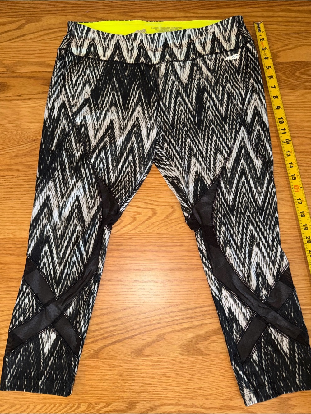 Avia Black & White Patterned Capri Leggings with Neon Yellow Waistband